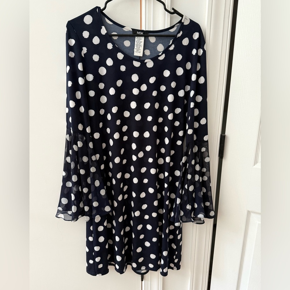 MSK Navy and White Polka Dot Bell Sleeve Dress